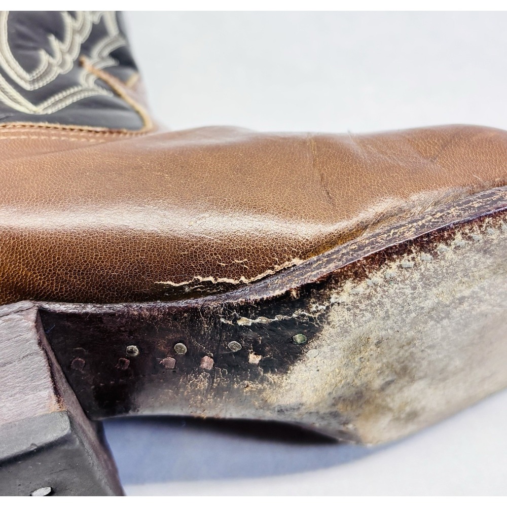 Tony Lama Two Tone Cowboy Boots 8.5D Brown Black Lizard Toe Vintage As Is - Picture 8 of 14